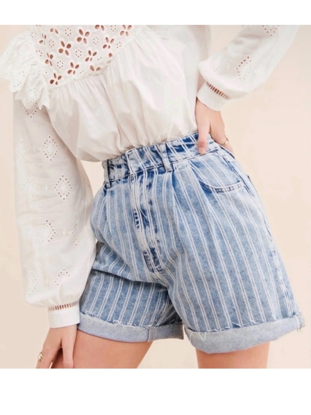 We The Free/ Free People Women’s Blue Striped High-Rise Denim Jean Shorts- Sz 25